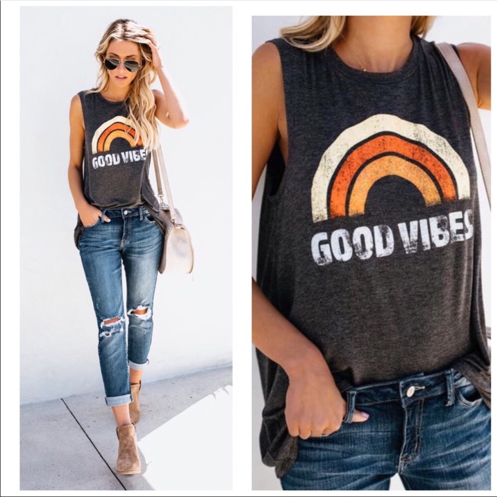 🌅H/P 6/15!!🌅GOOD VIBES SLEEVELESS TEE🌅 - Picture 2 of 4